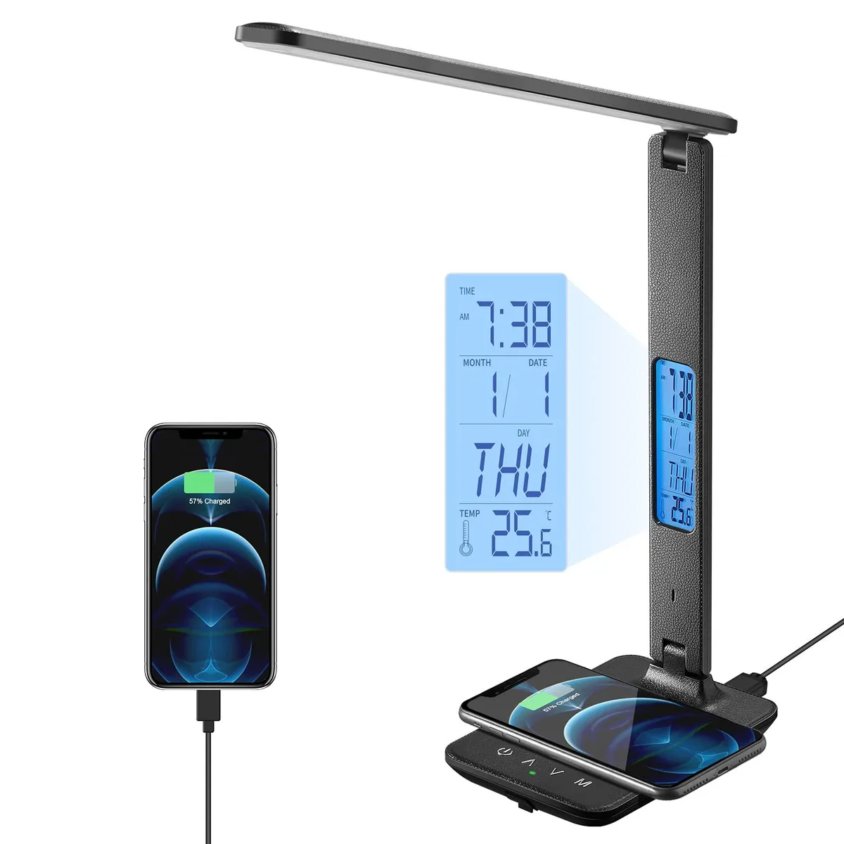 Black desk lamp with foldable arm, wireless charging pad, USB port and LCD display