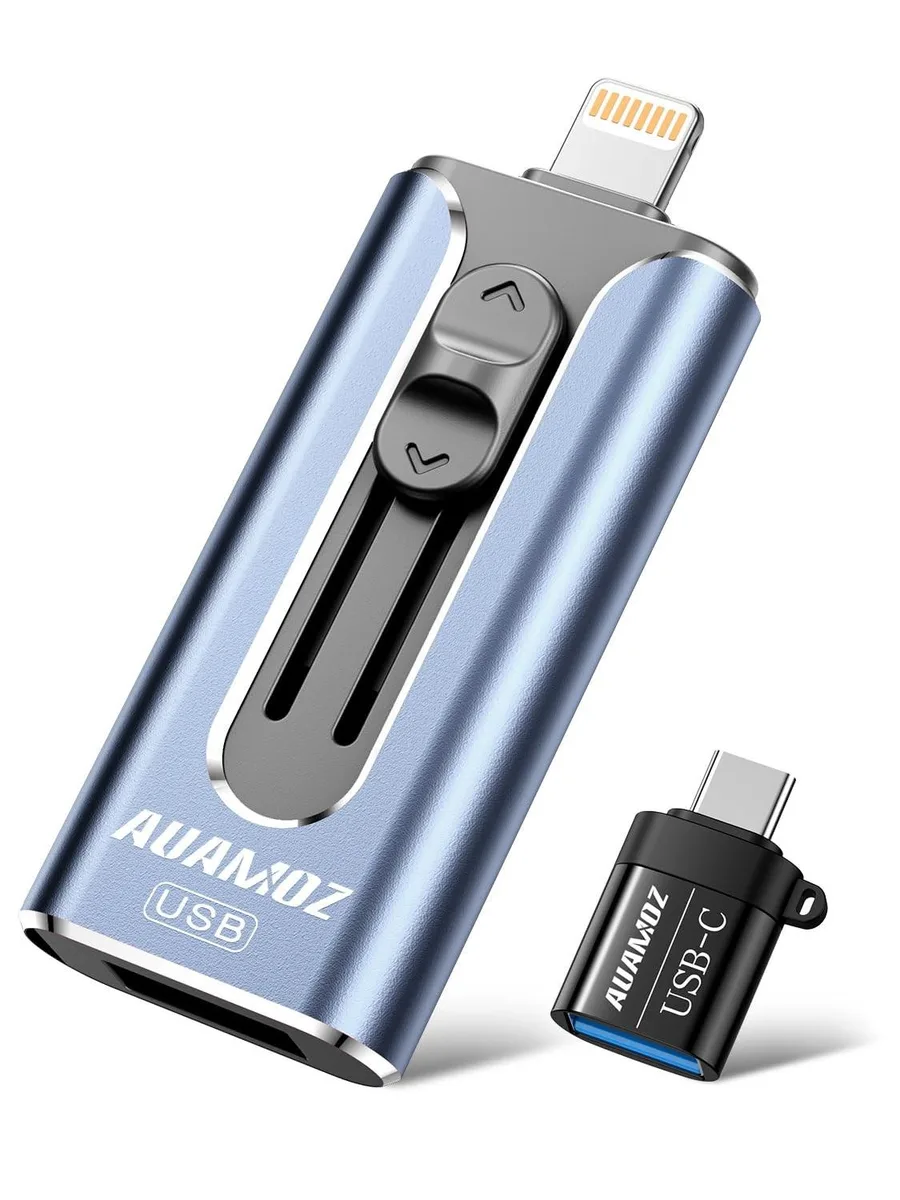 Blue 512 GB flash drive with USB-A, USB-C, micro-USB and Lightning connectors