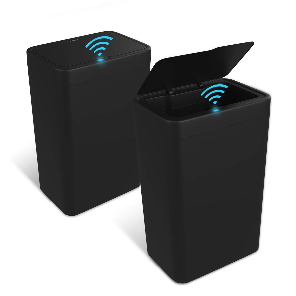 Three white oval sensor trash cans with polished plastic finish, 4 gallon capacity each
