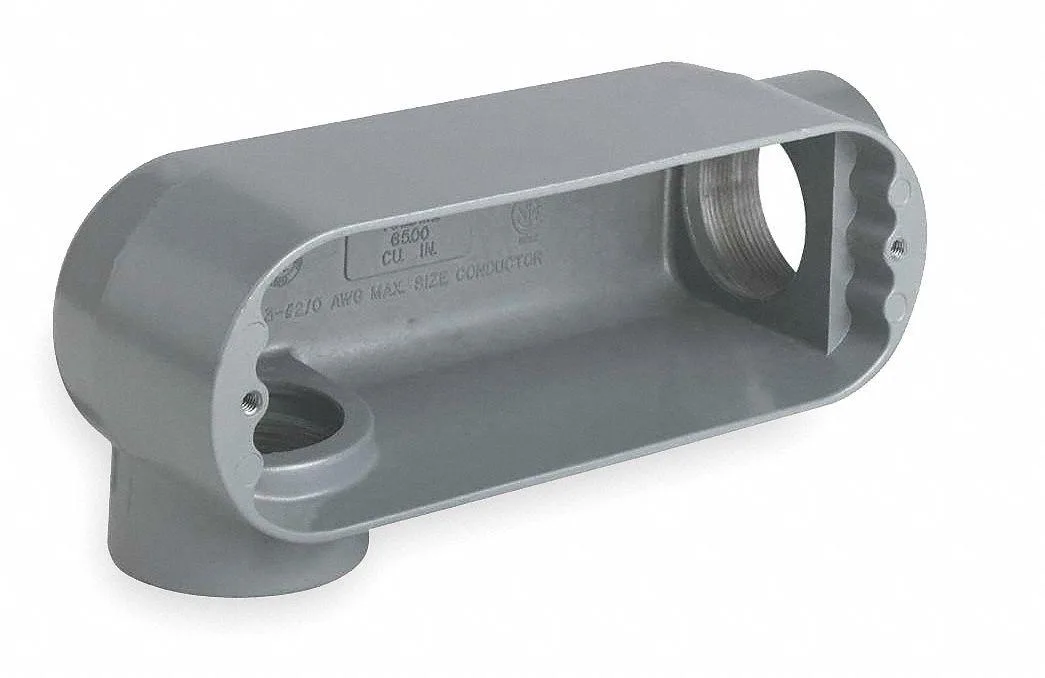 Gray iron conduit outlet body, LR style, 90-degree threaded hubs, powder-coated finish