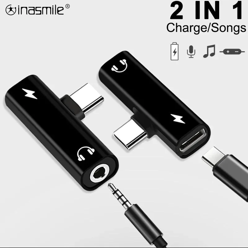 White 2-in-1 USB-C to 3.5mm adapter with short Micro-USB to USB-A cable