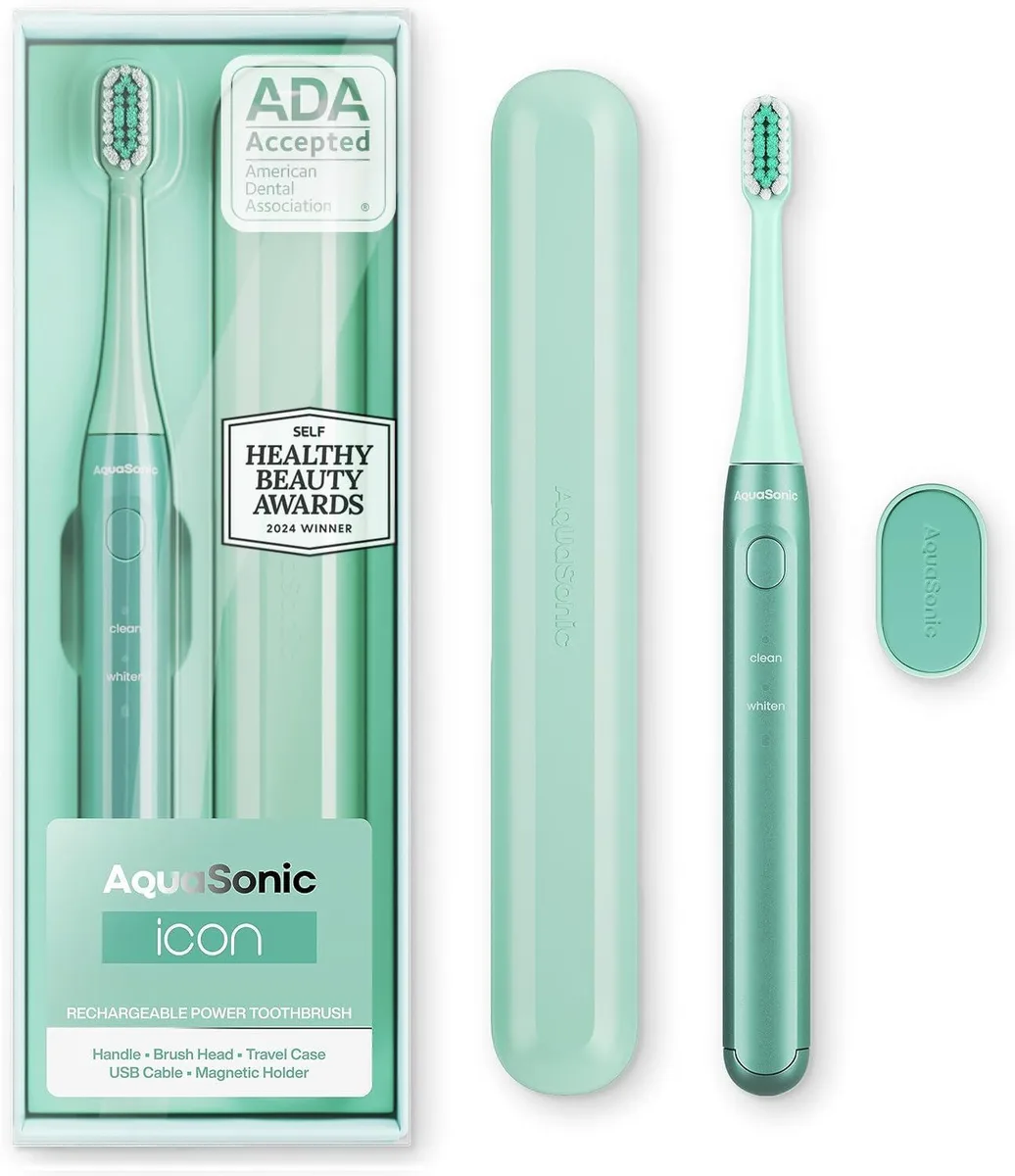 Mint-coloured rechargeable toothbrush with magnetic holder and slim travel case