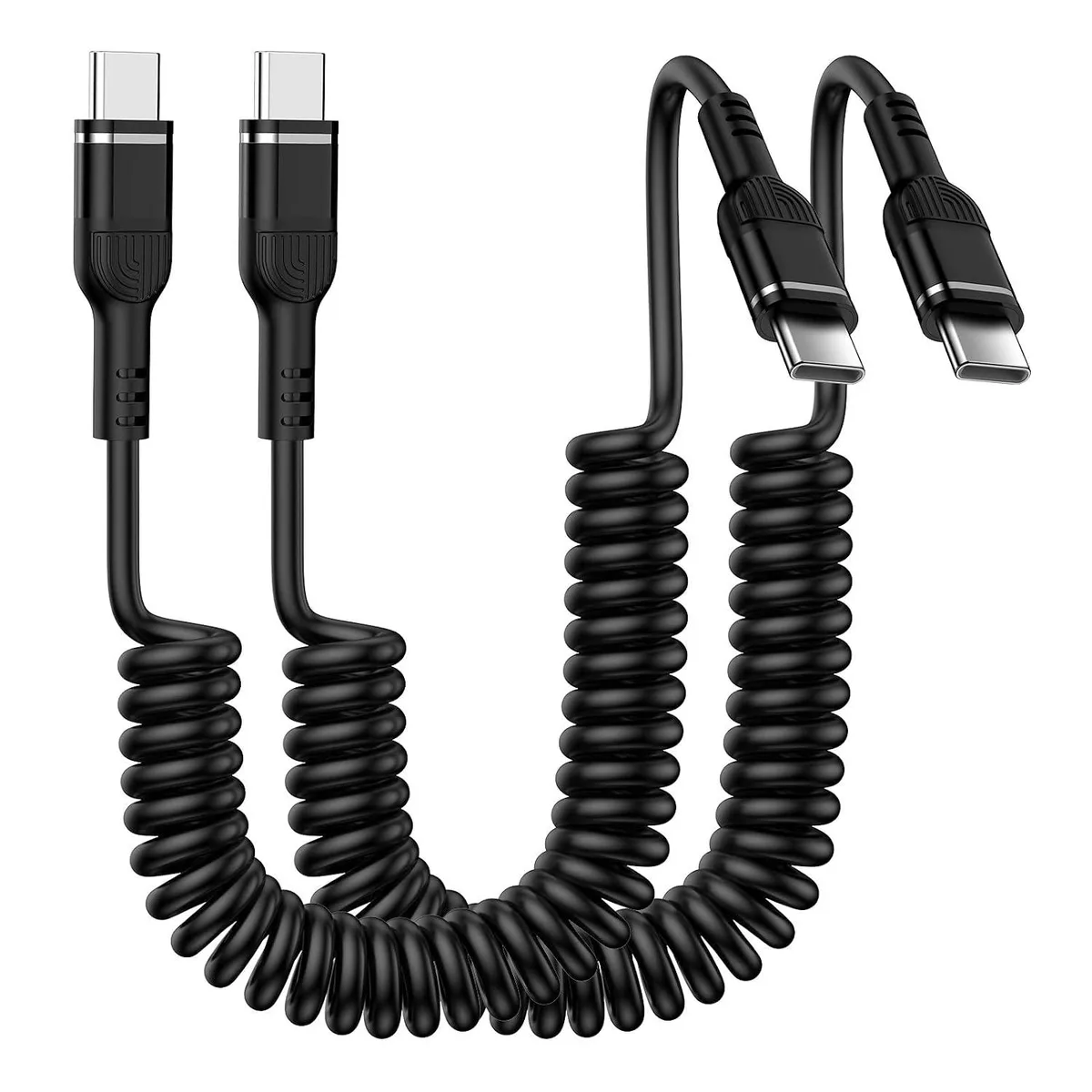 White coiled USB-C to USB-C cable retractable to six feet