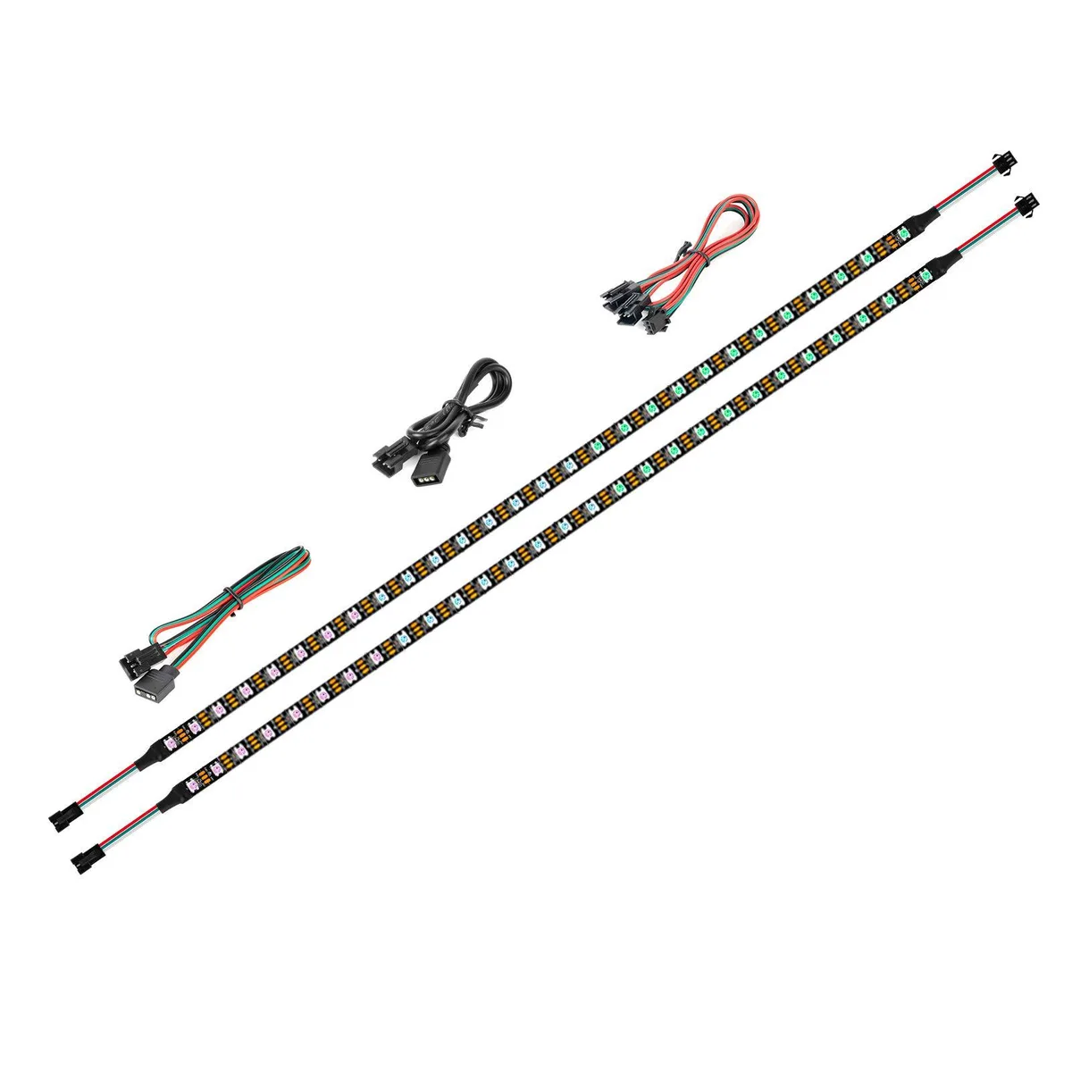 Two flexible 19in RGB LED strips with connectors and double-sided tape, multicolor plastic finish