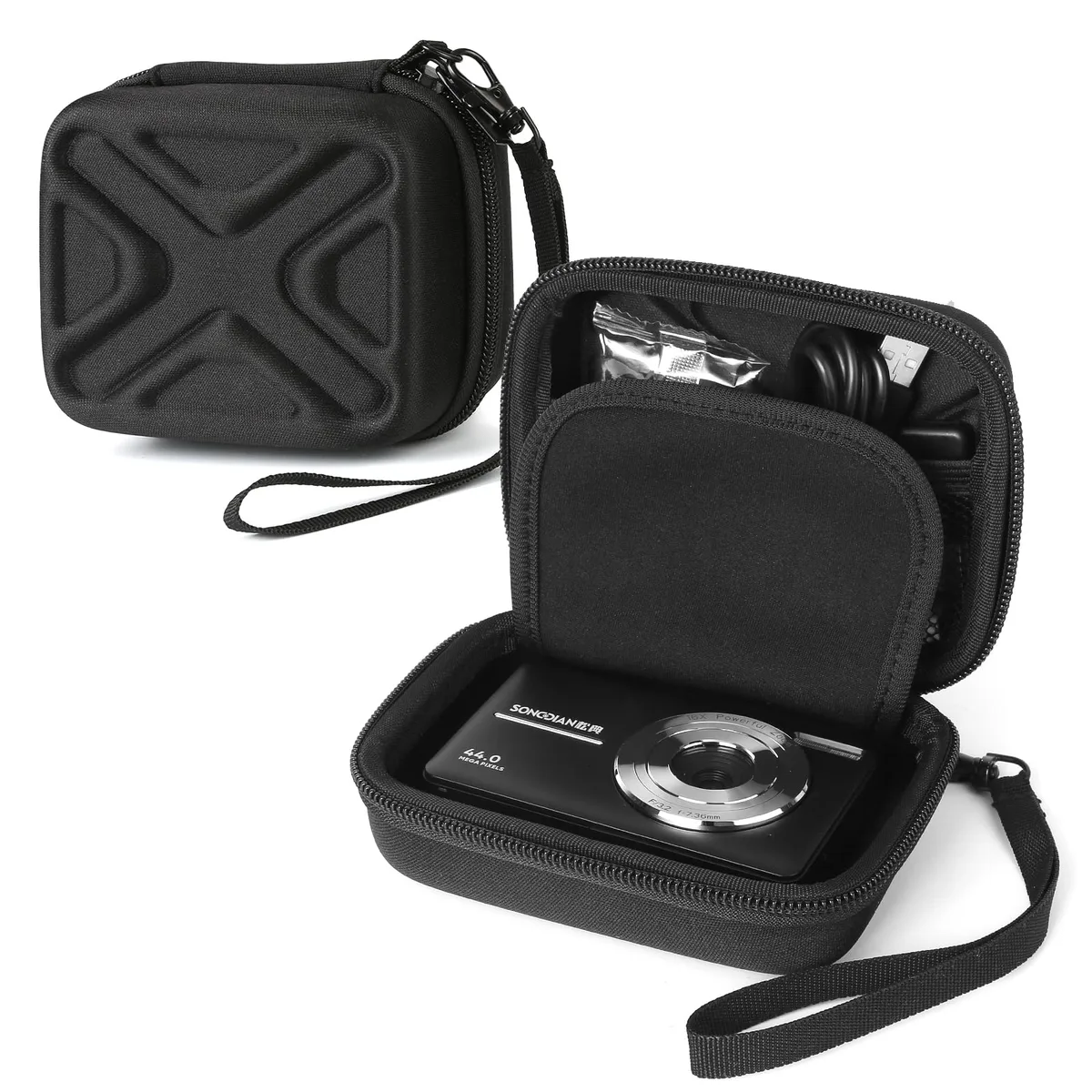 Black compact camera case with hard shell and hand strap