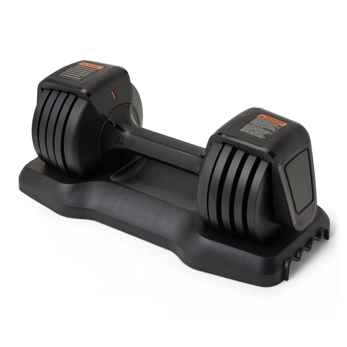 Black adjustable dumbbell with weight selector dial and storage tray
