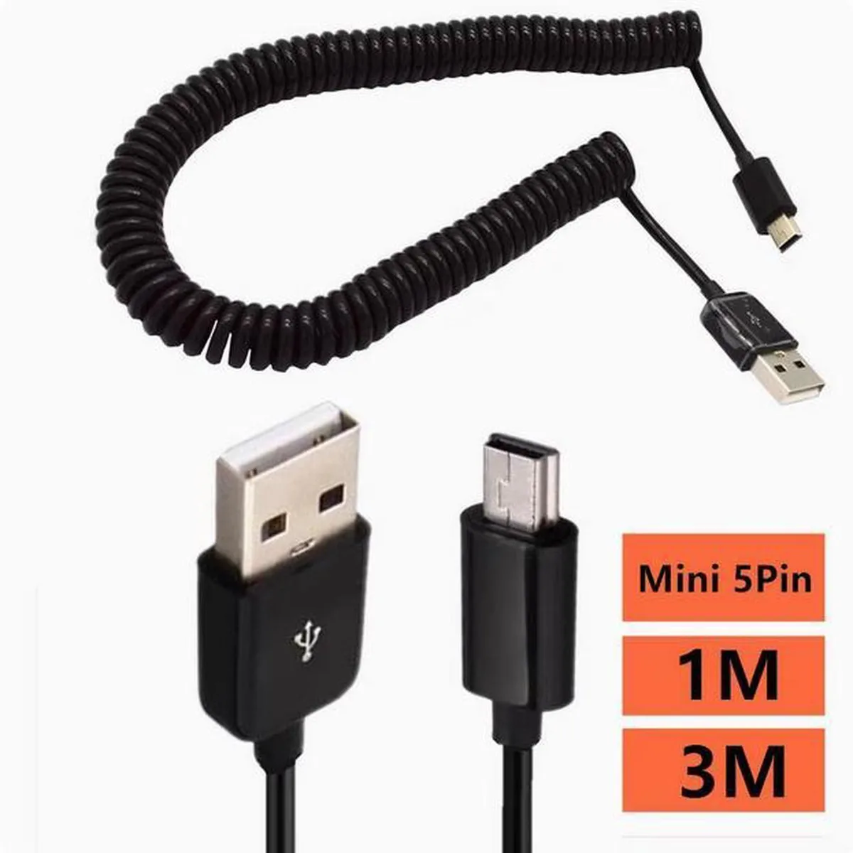 Black retractable USB 2.0 cable with Mini 5P connector, coiled spring design, matte finish