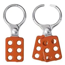 Red aluminum lockout hasp with red handle and open jaws