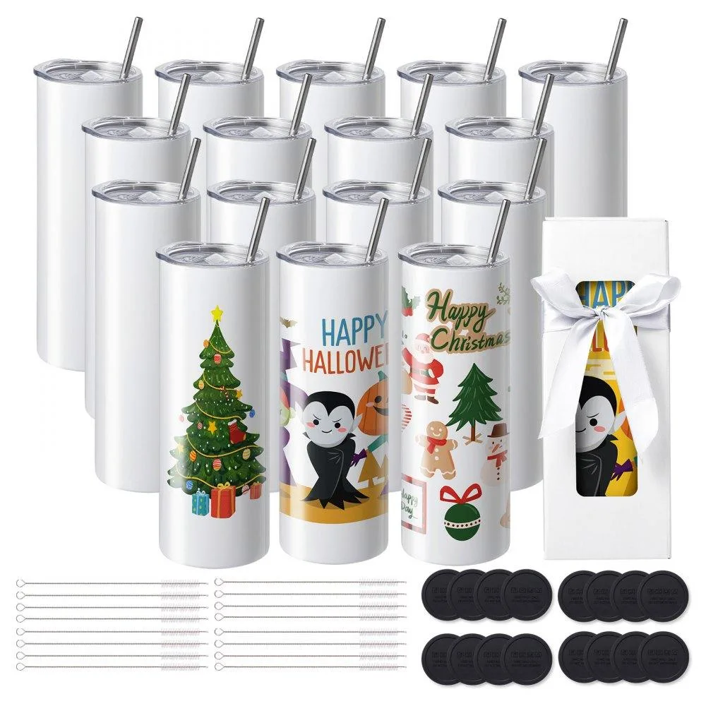 VEVOR VEVOR 16 Pack 20oz Sublimation Tumblers Skinny Straight Stainless Steel Double Wall with Lid Straw Gift Box — product photo