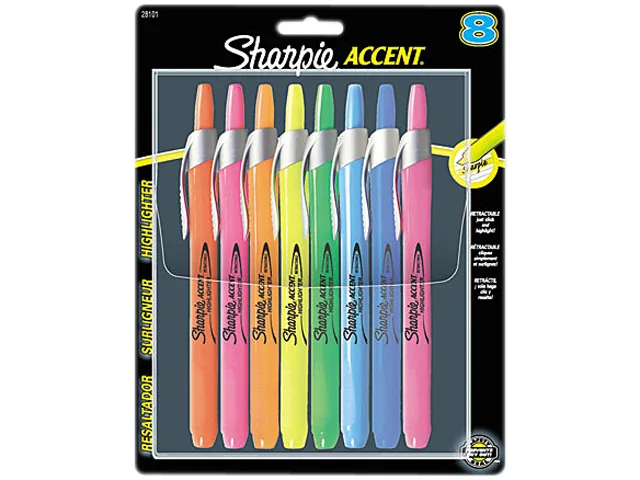 Eight retractable highlighters in assorted fluorescent colours with chisel tips and push-button caps