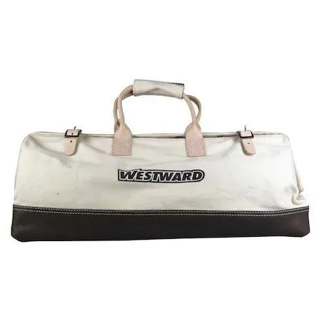 Tan canvas wide-mouth tool bag with buckle closure and reinforced bottom