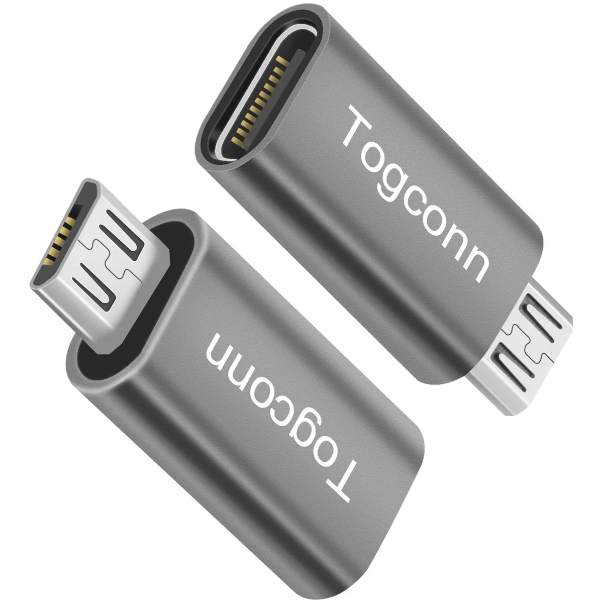 Two small silver USB-C female to Micro USB male adapters