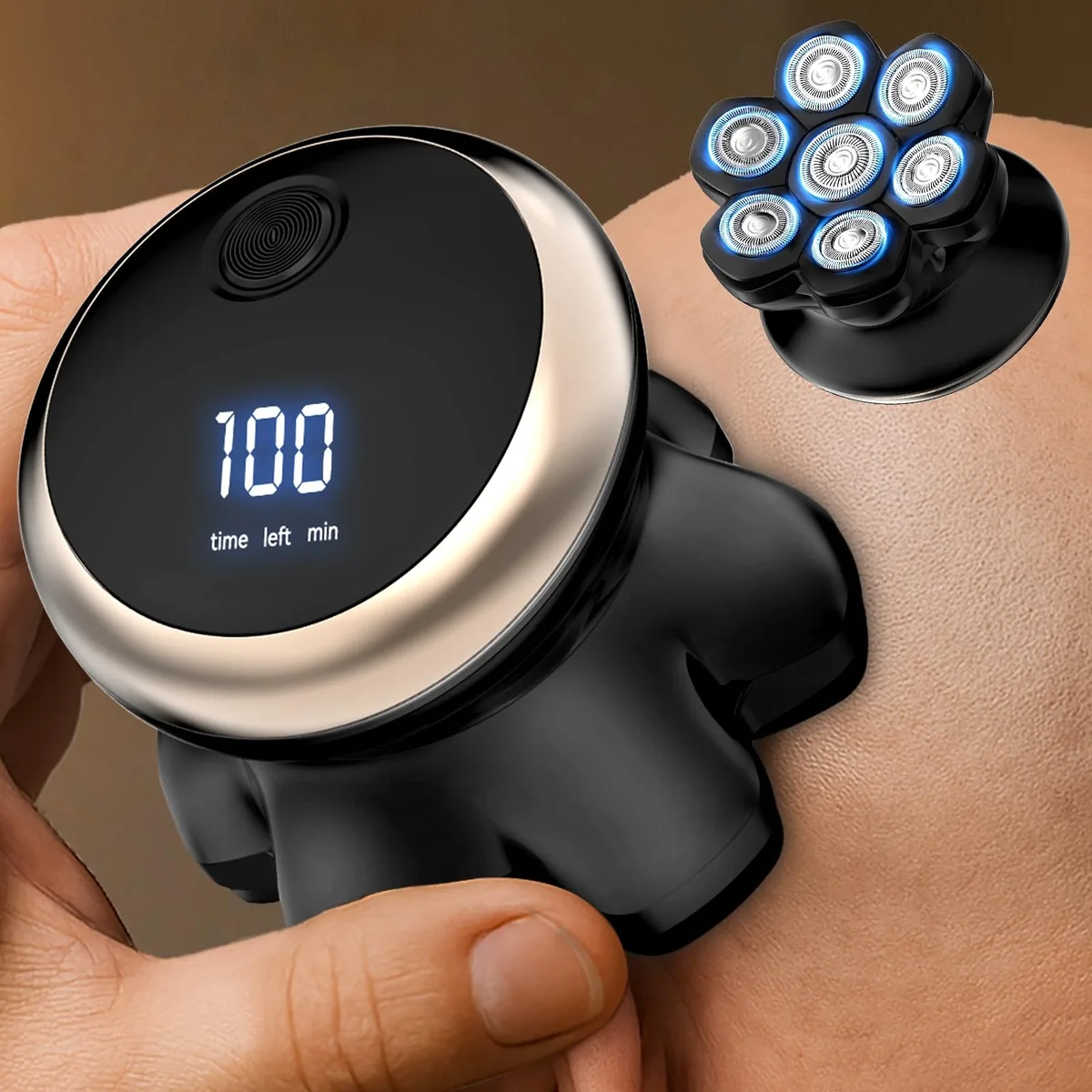 Black rotary head shaver with seven floating heads and LED display