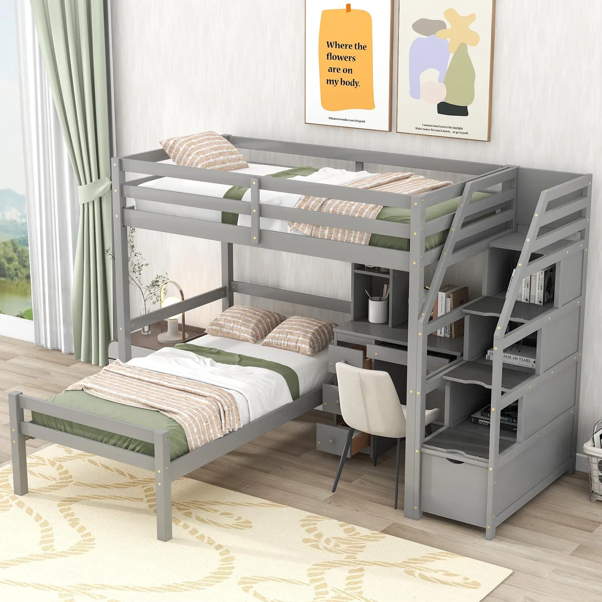 tuphen tuphen Twin over Twin Loft Bed with Stand-alone Bed, Desk, Staircase, Gray — product photo
