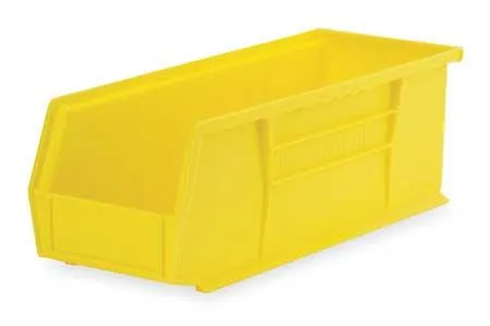 Yellow plastic hang-and-stack storage bin with label slots and divider slot