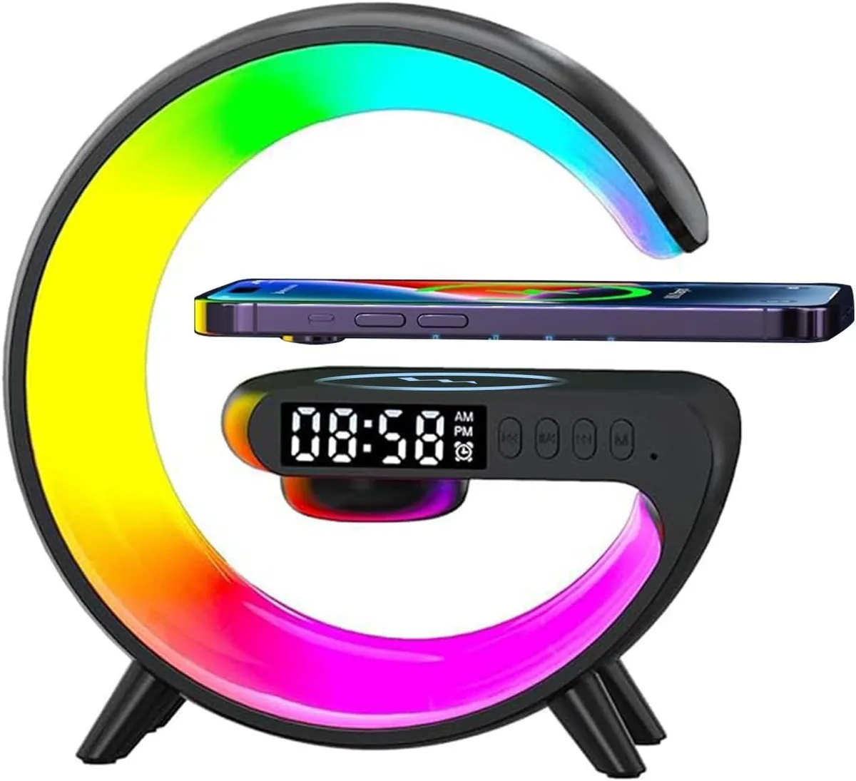 Compact black G-shaped LED table lamp with wireless charging pad and digital display