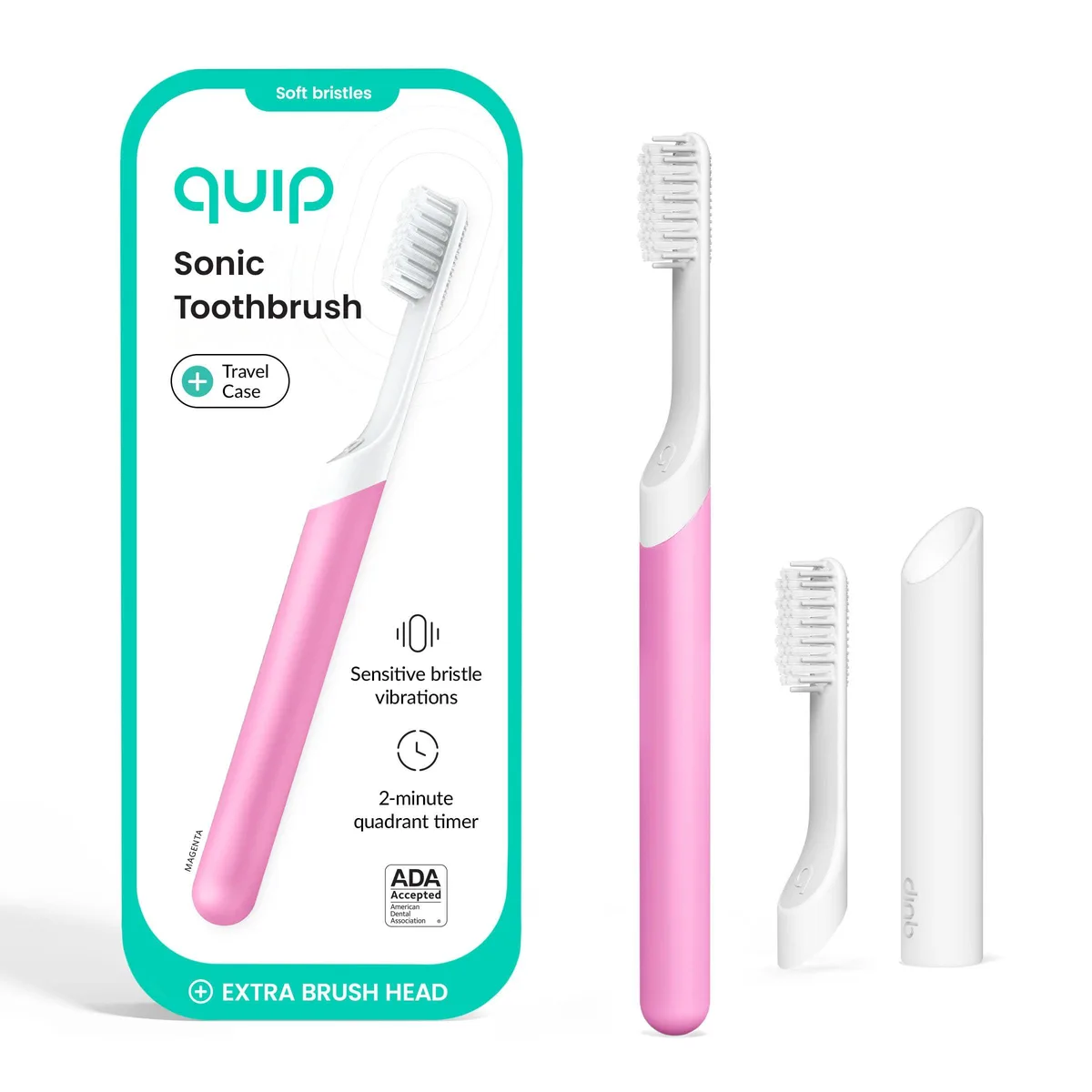 Magenta plastic sonic toothbrush with travel cover mount and extra brush head