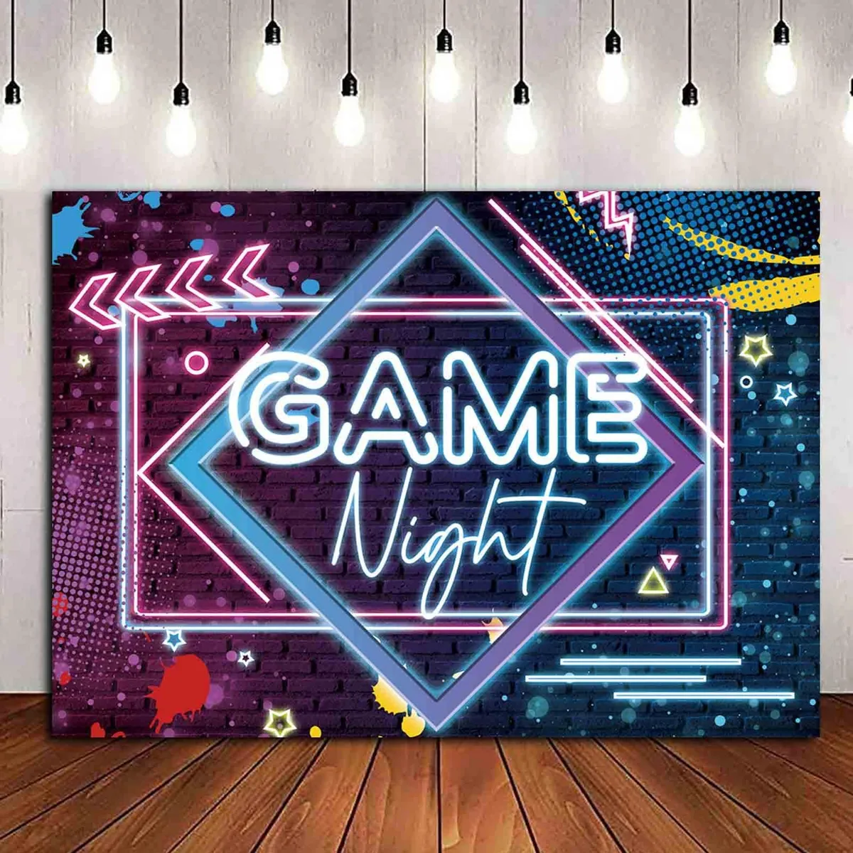 Rectangular polyester backdrop 7x5 ft black neon game night print non-reflective foldable