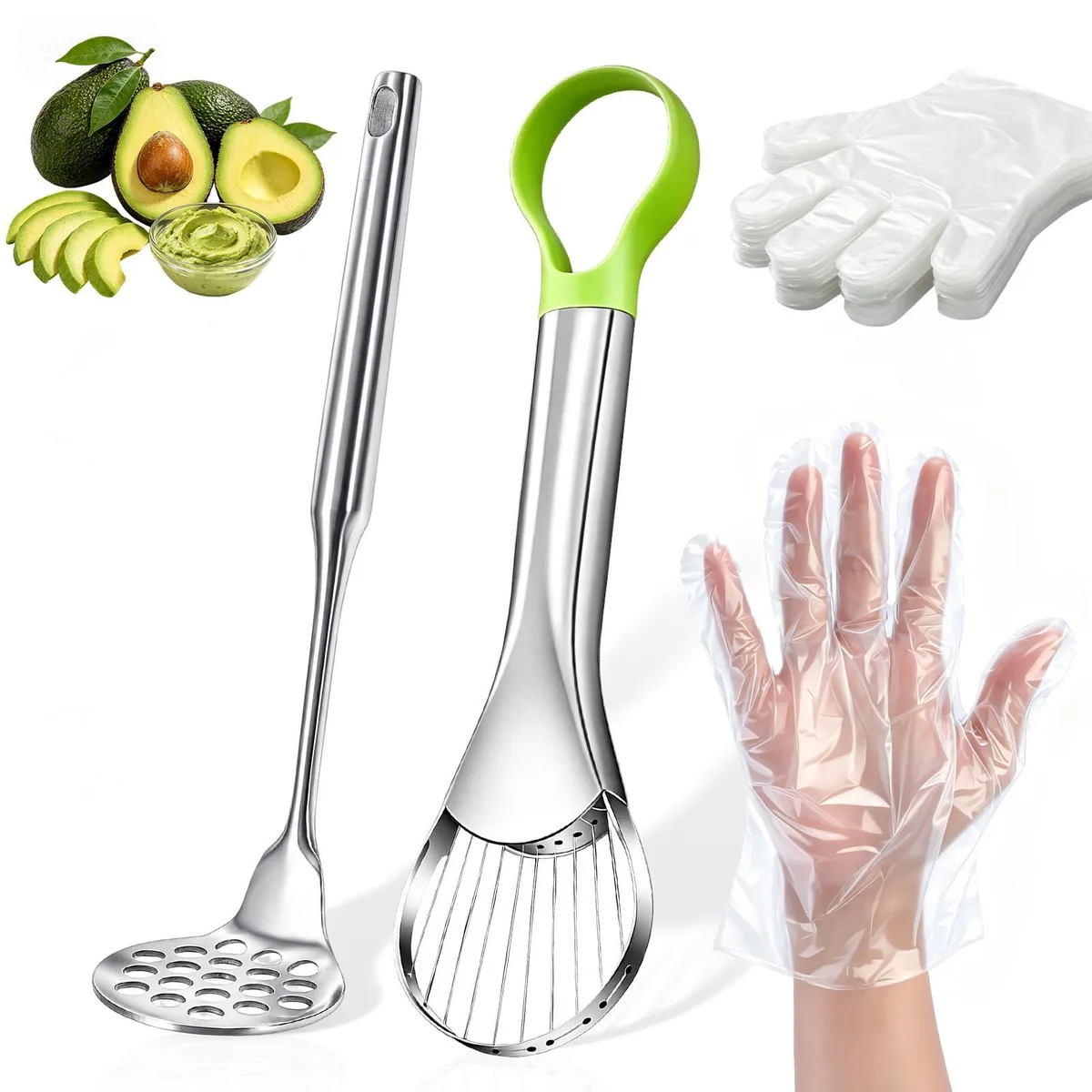 Green stainless steel avocado slicer, masher and 100 clear gloves