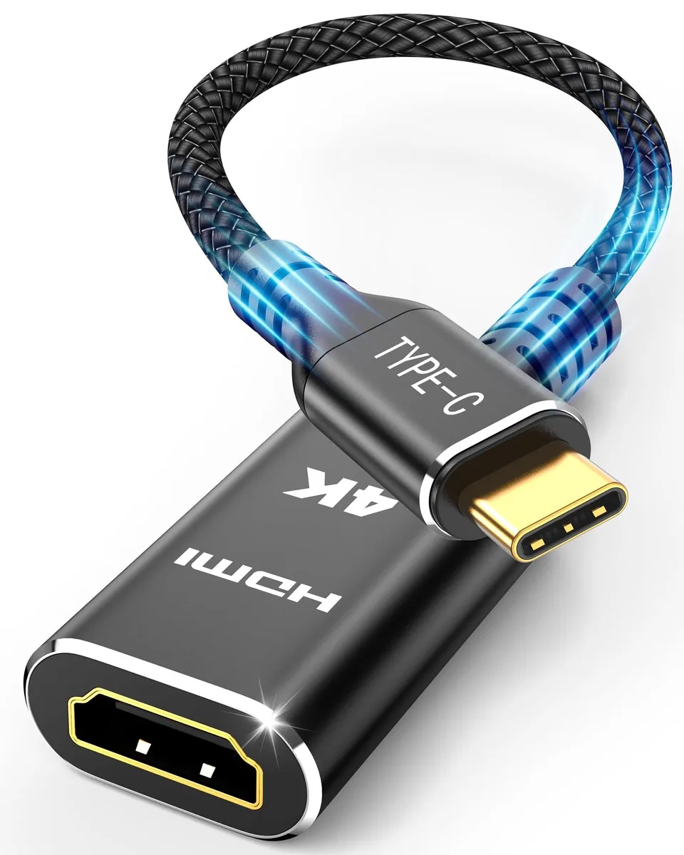 Black USB-C to HDMI adapter with short cable