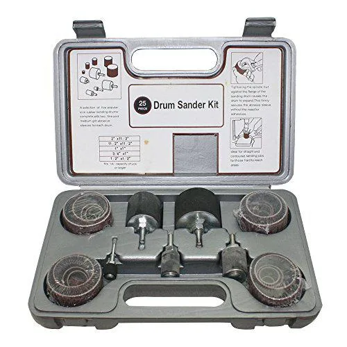 Five rubber expanding drums with assorted sanding sleeves in a storage case