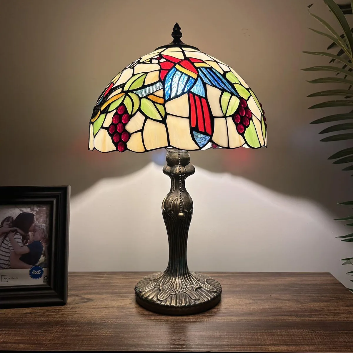 XIN CHENG TIFFANY LIGHTING XIN CHENG TIFFANY LIGHTING Tiffany Style Table Lamp Red Blue Green Stained Glass Parrots Grapes 12"W 19"H — product photo