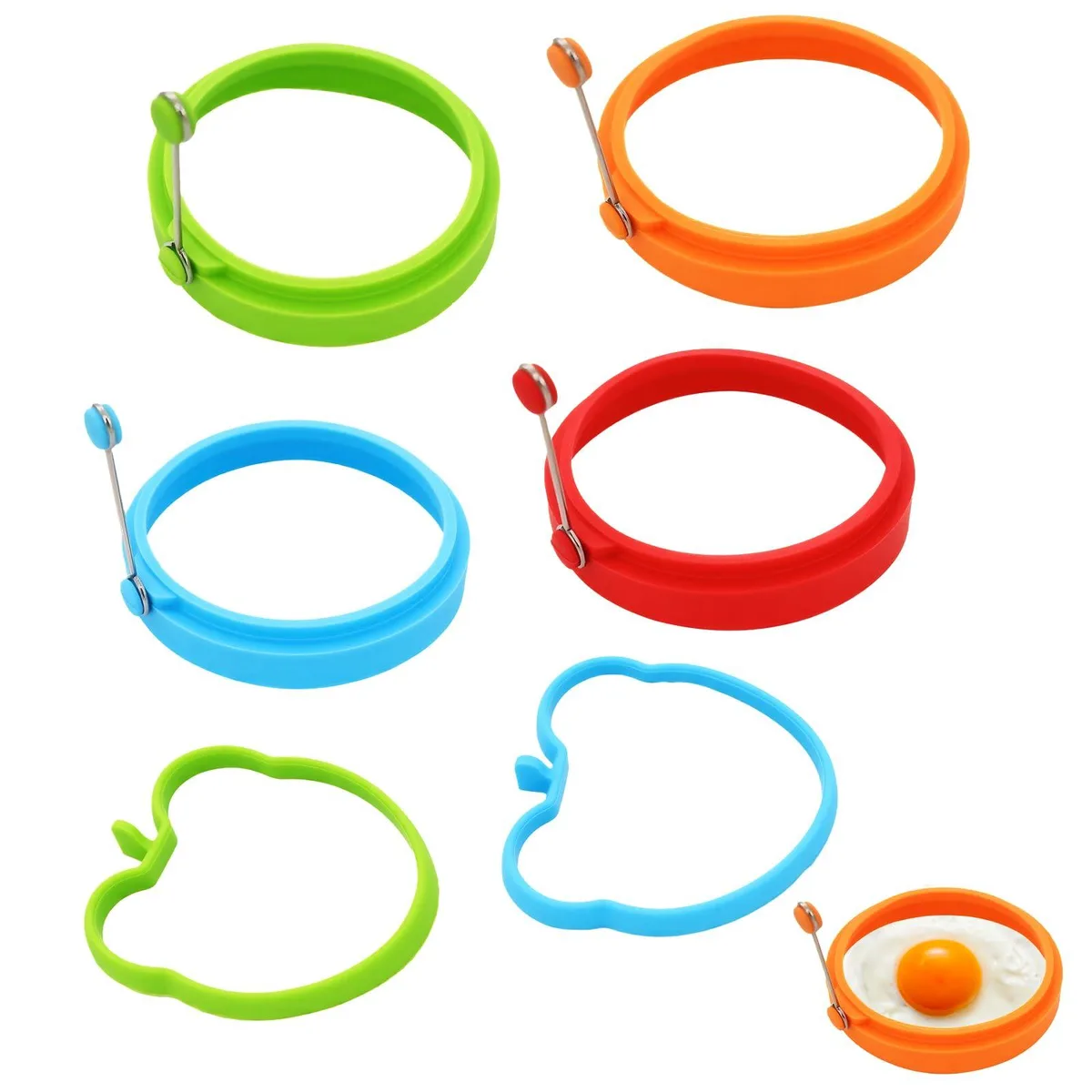 Six silicone egg rings in bright colours plus two bear shapes