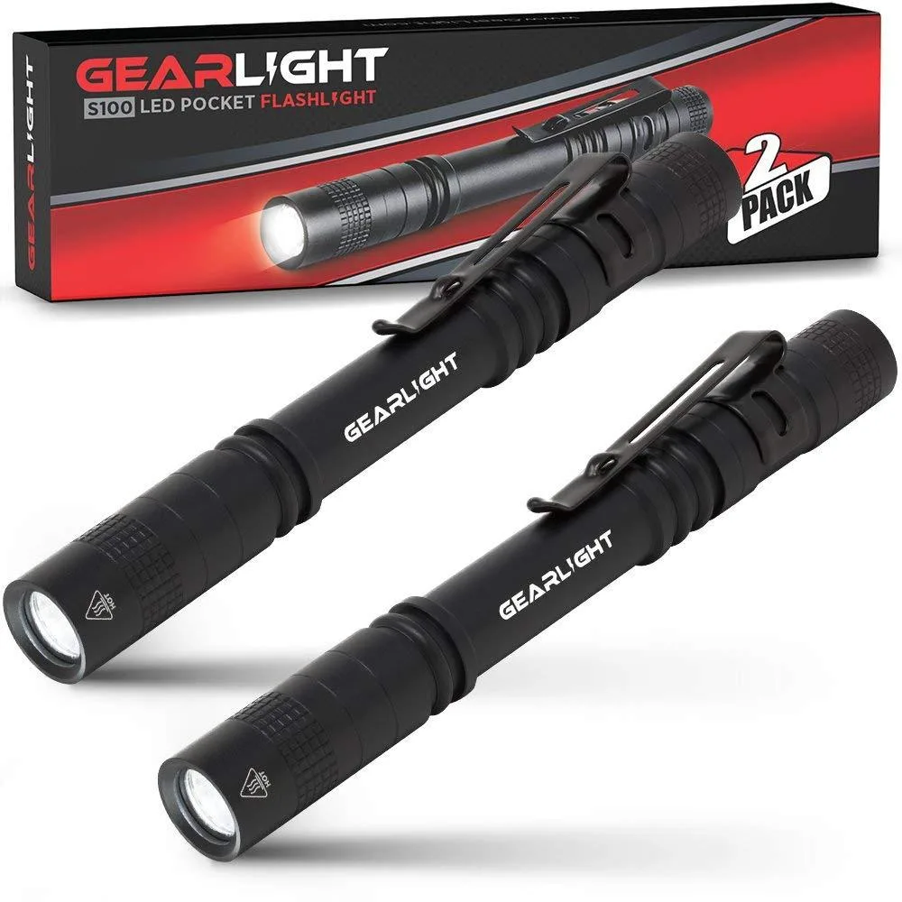 Two slim aluminium penlights with pocket clips, 5.25 inches long