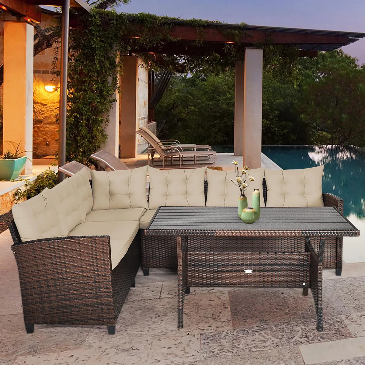 Three-piece rattan dining set with two wide sofas and a slatted table, steel frames, cushioned seats, unfinished finish