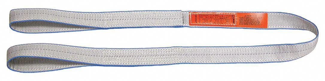Flat silver polyester web sling with blue edges, two plies, twelve inch eye loops, four feet long, four inches wide