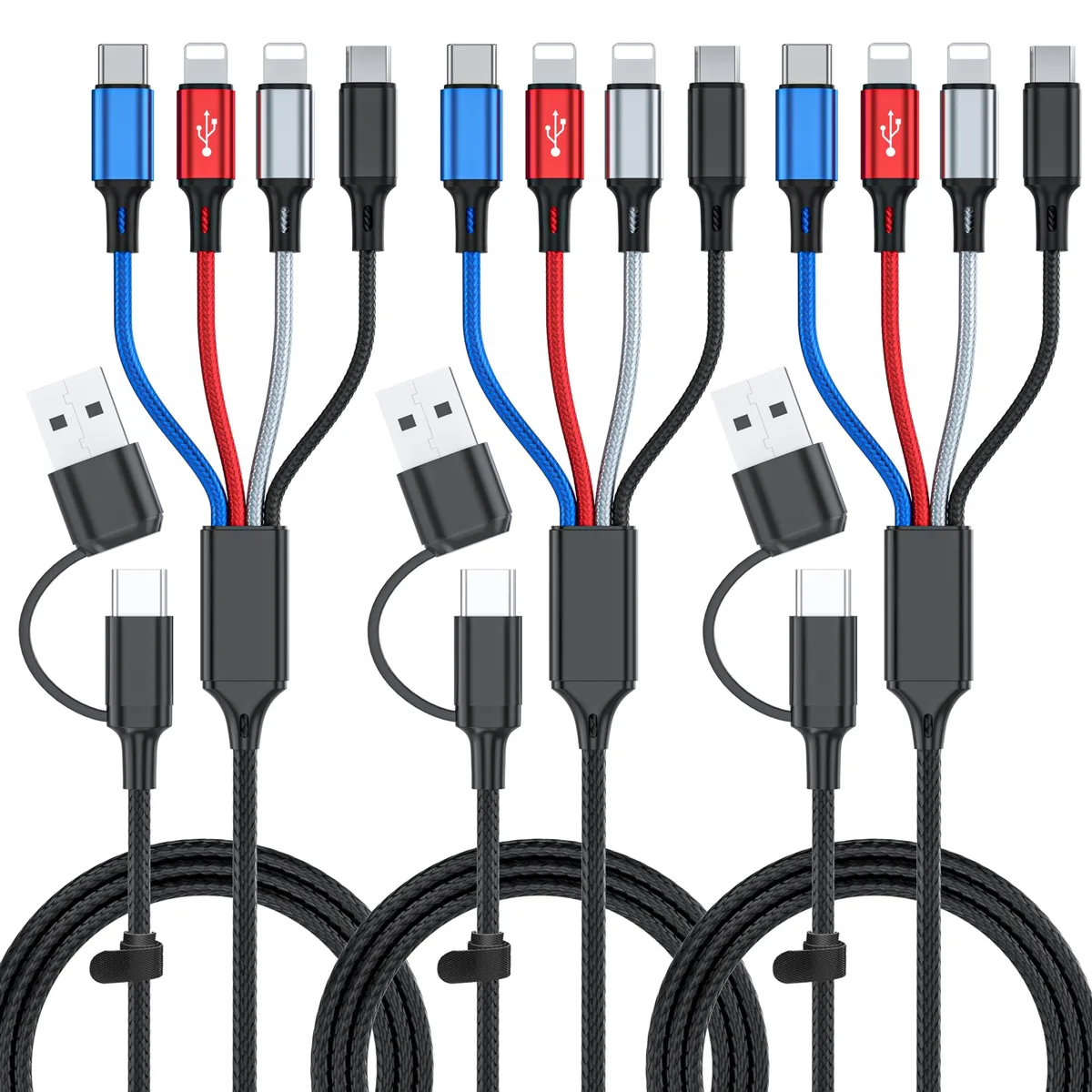 Three orange braided multi cables with mixed connectors