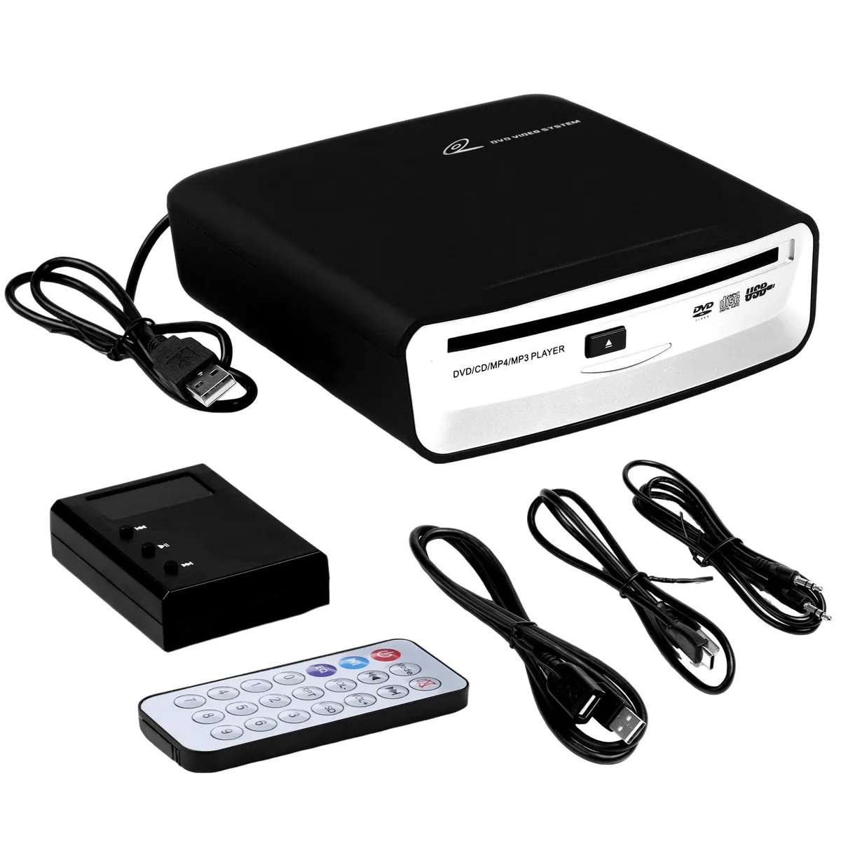 Compact silver external CD player with USB and AUX cables