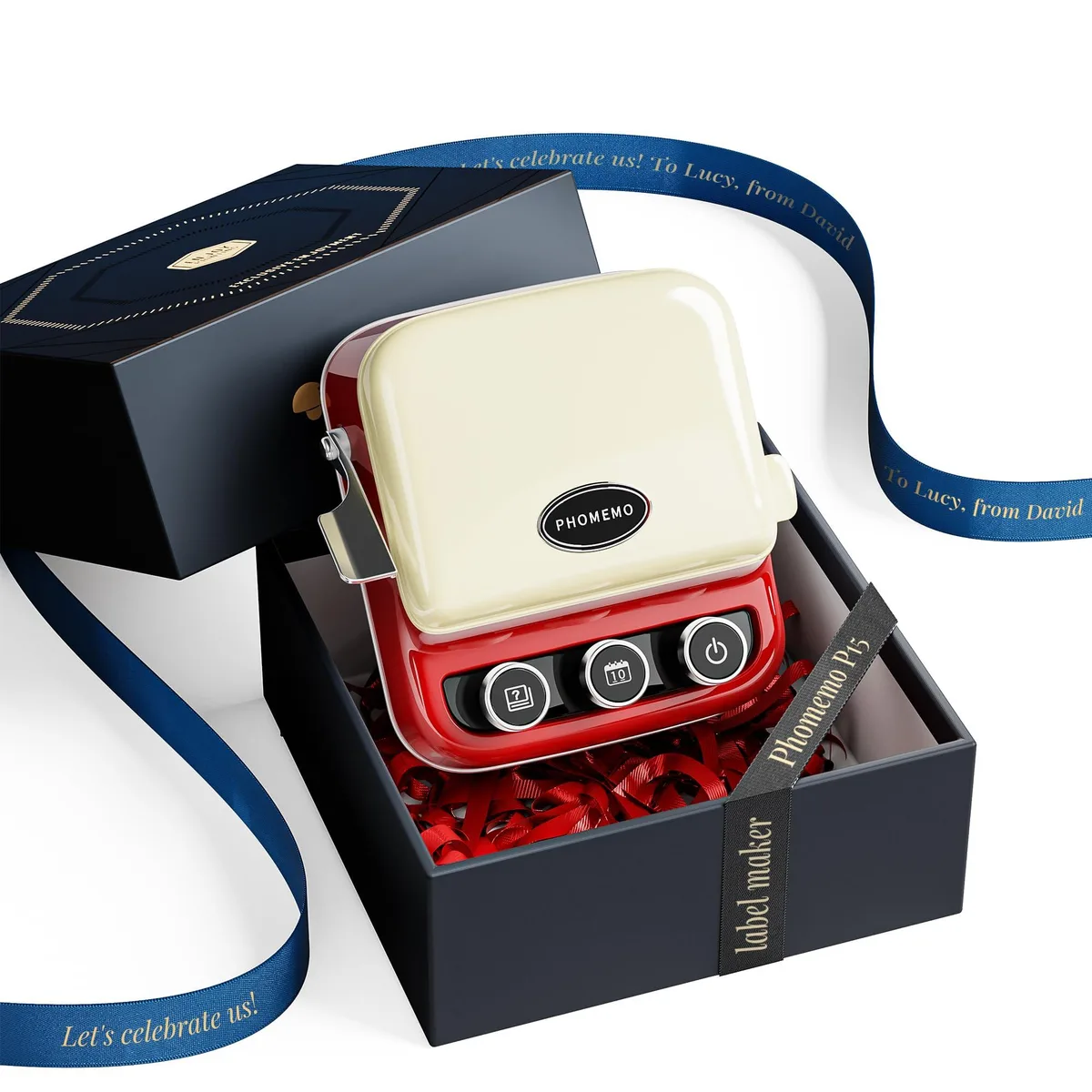 Compact red label printer with vintage typewriter shape, smooth matte finish, 200 grams