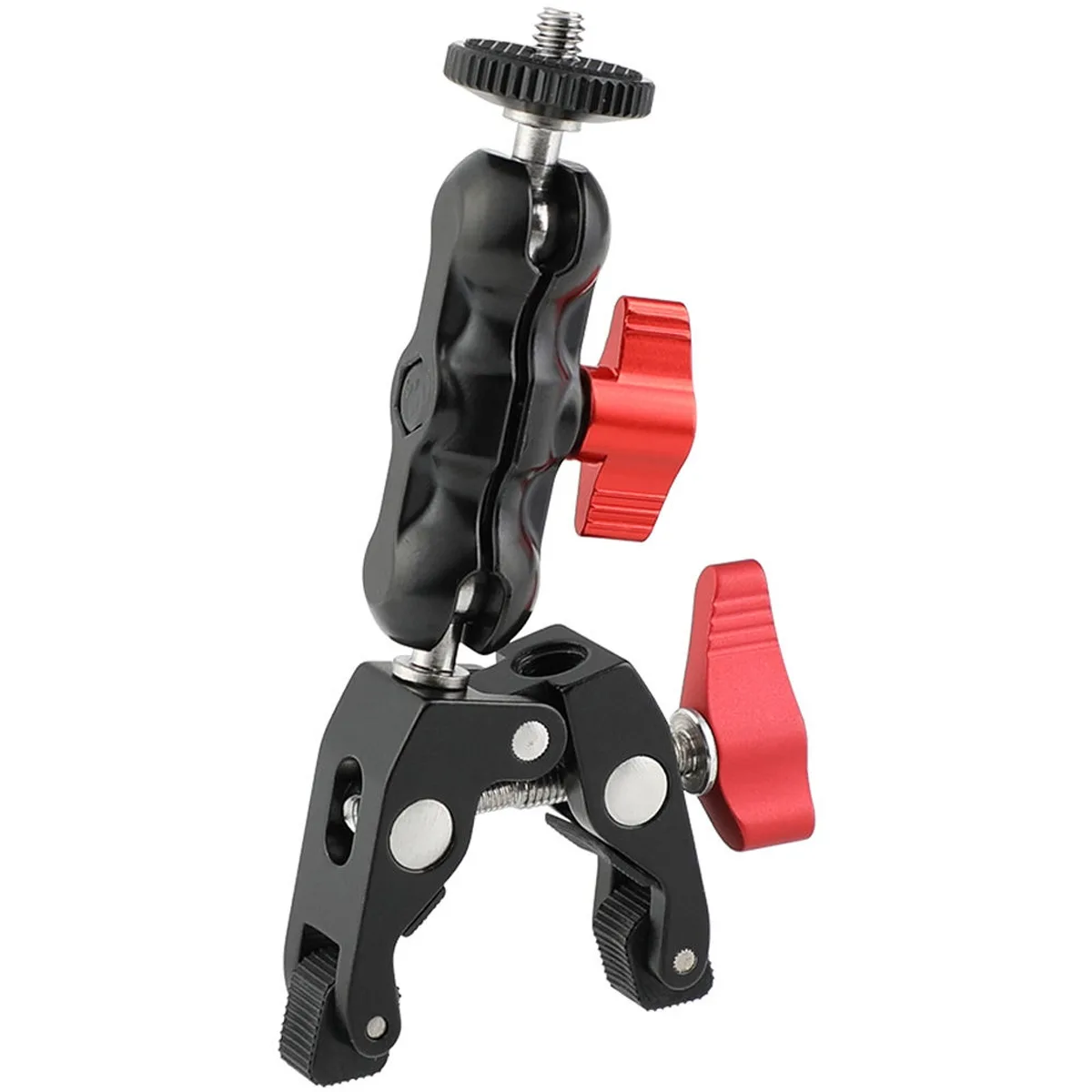 Black metal super clamp with red T-handle knob and mini ball head showing silver 1/4"-20 screw adapter