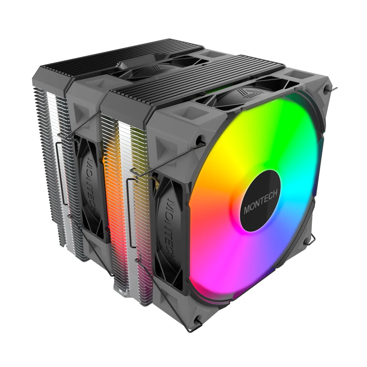 Black dual-tower CPU air cooler with six heat pipes and 28 mm ARGB fans
