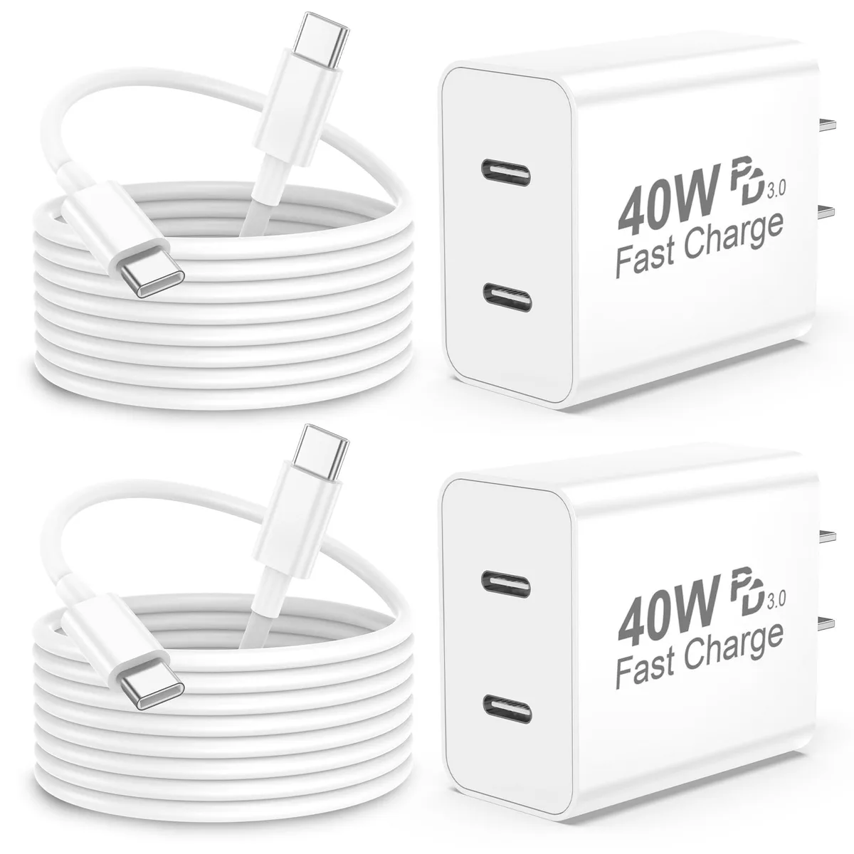 White rectangular charger block with two USB-C ports and a long white USB-C to USB-C cable coiled beside it