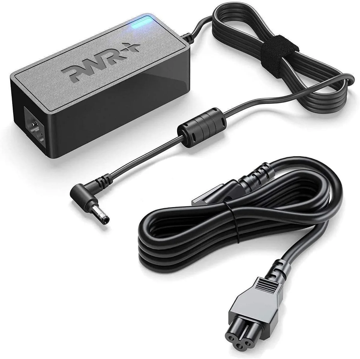 Black rectangular laptop power adapter with detachable mains cord and multiple interchangeable barrel connectors