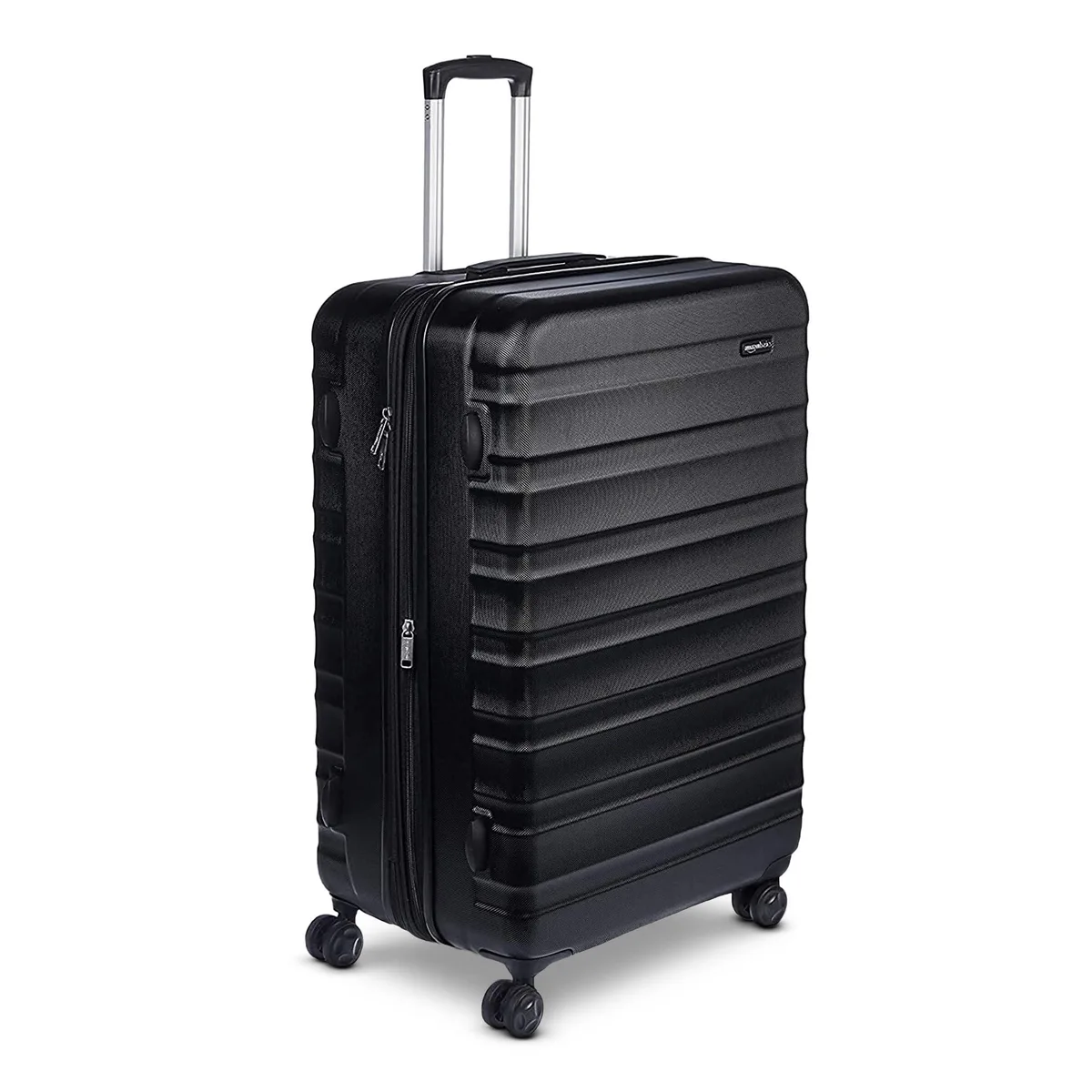 Black 28-inch hardside spinner suitcase with scratch-resistant ABS shell, four wheels, telescoping handle