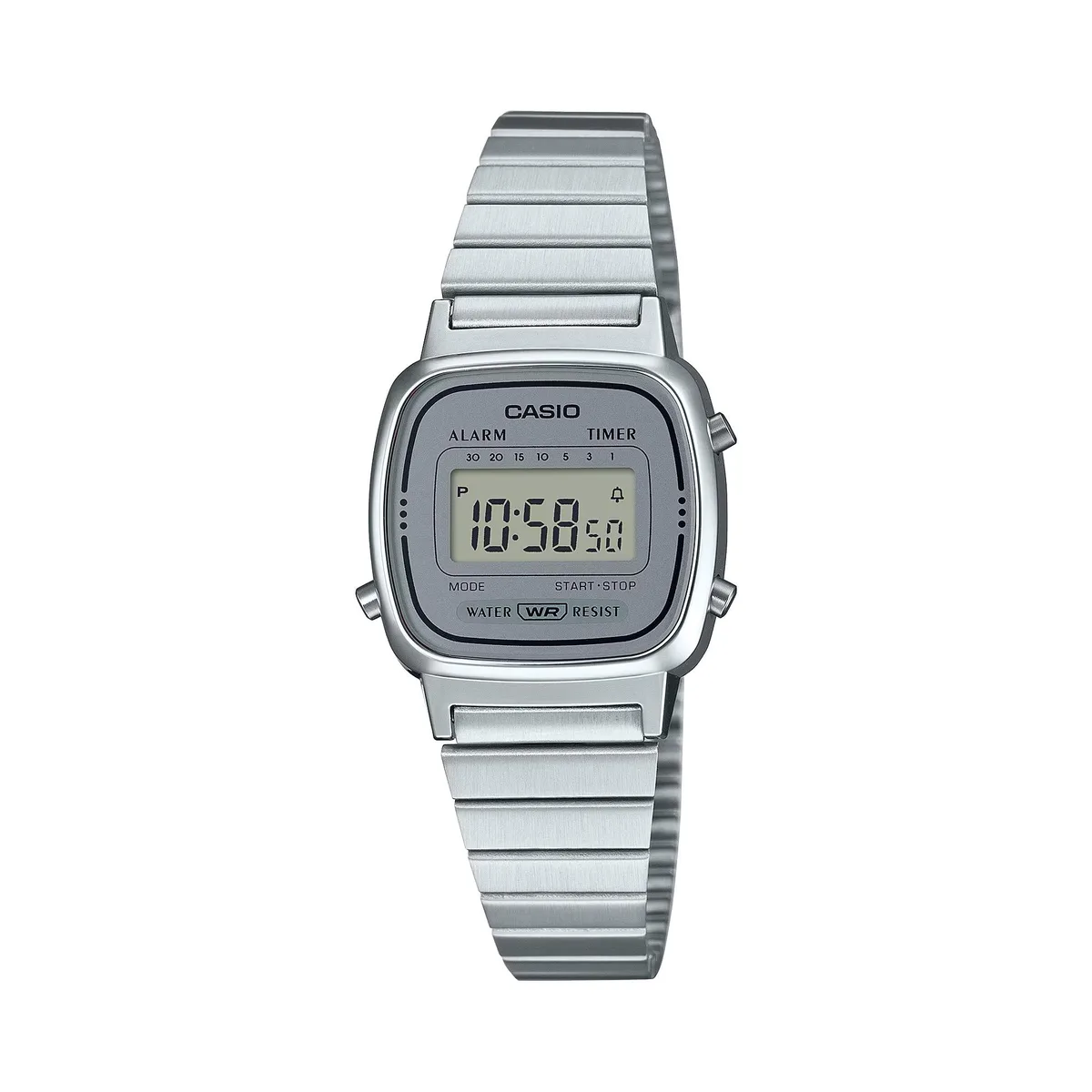 Silver-tone digital retro watch with stainless steel bracelet and chrome-plated resin case