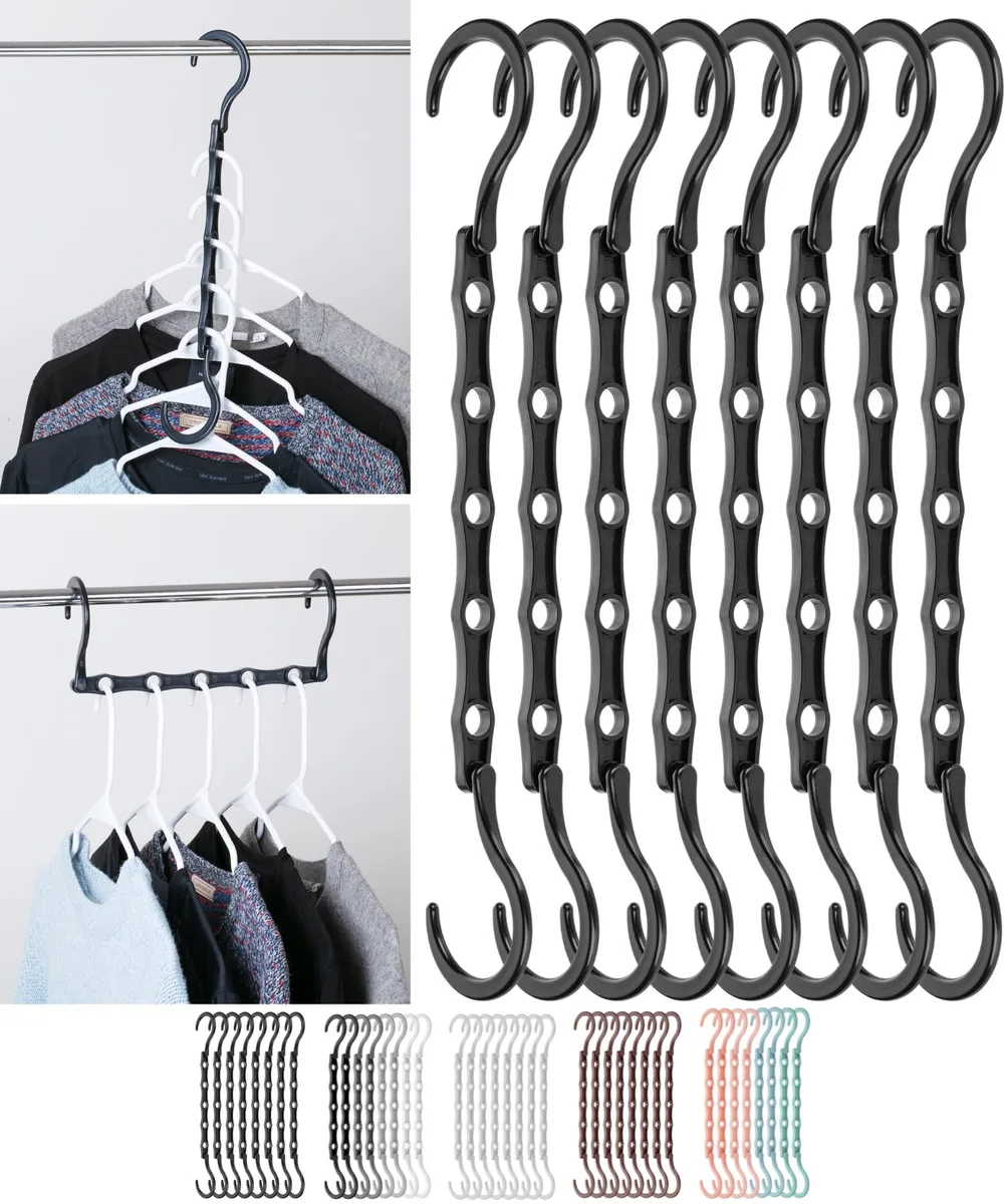 Eight black plastic hangers with 360° rotating hooks, each 16.2" x 2.7" with five slots