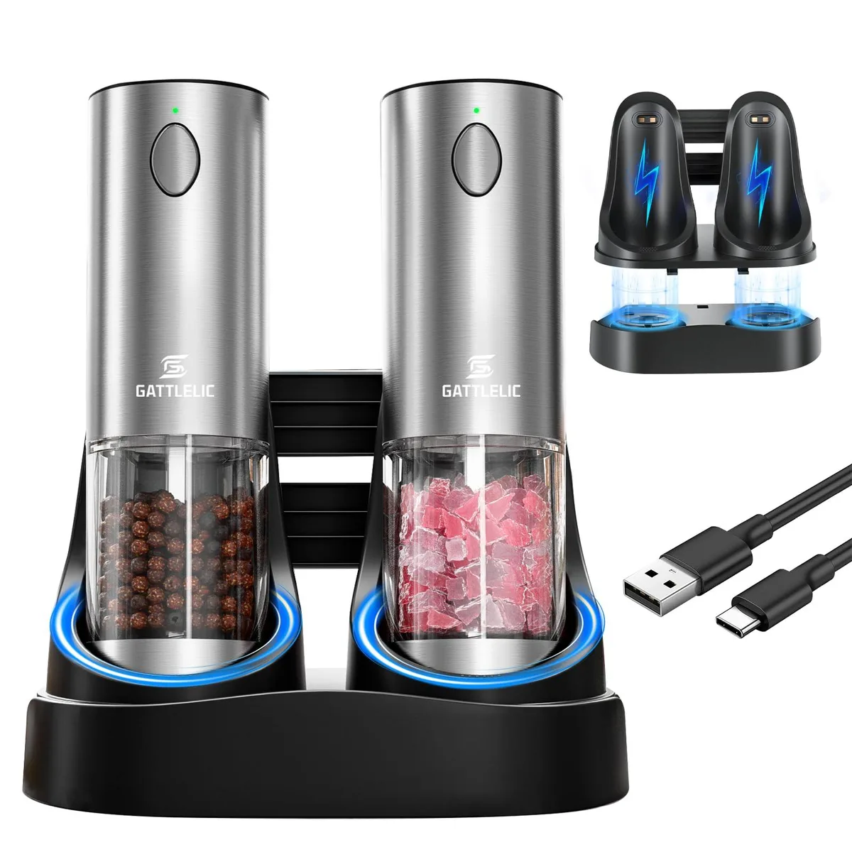 Pair of blue glass electric mills on a dual charging base, 95 ml each