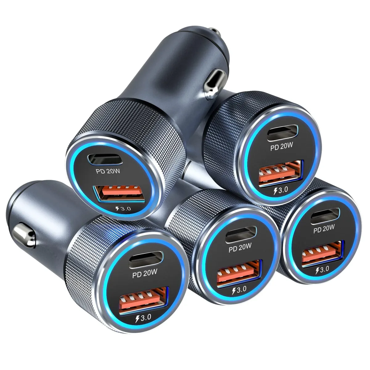 Five grey dual-port car chargers with blue LED ring