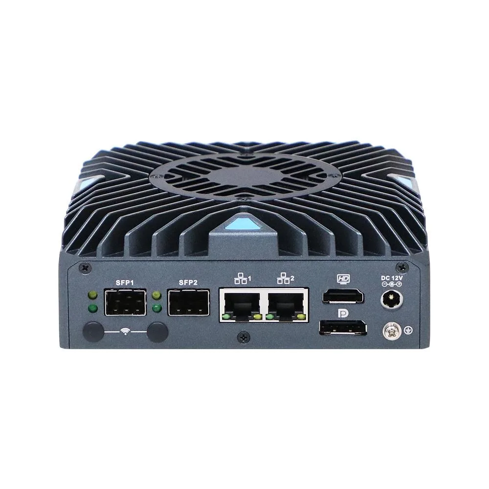 Compact square gray aluminium mini PC with front ports visible