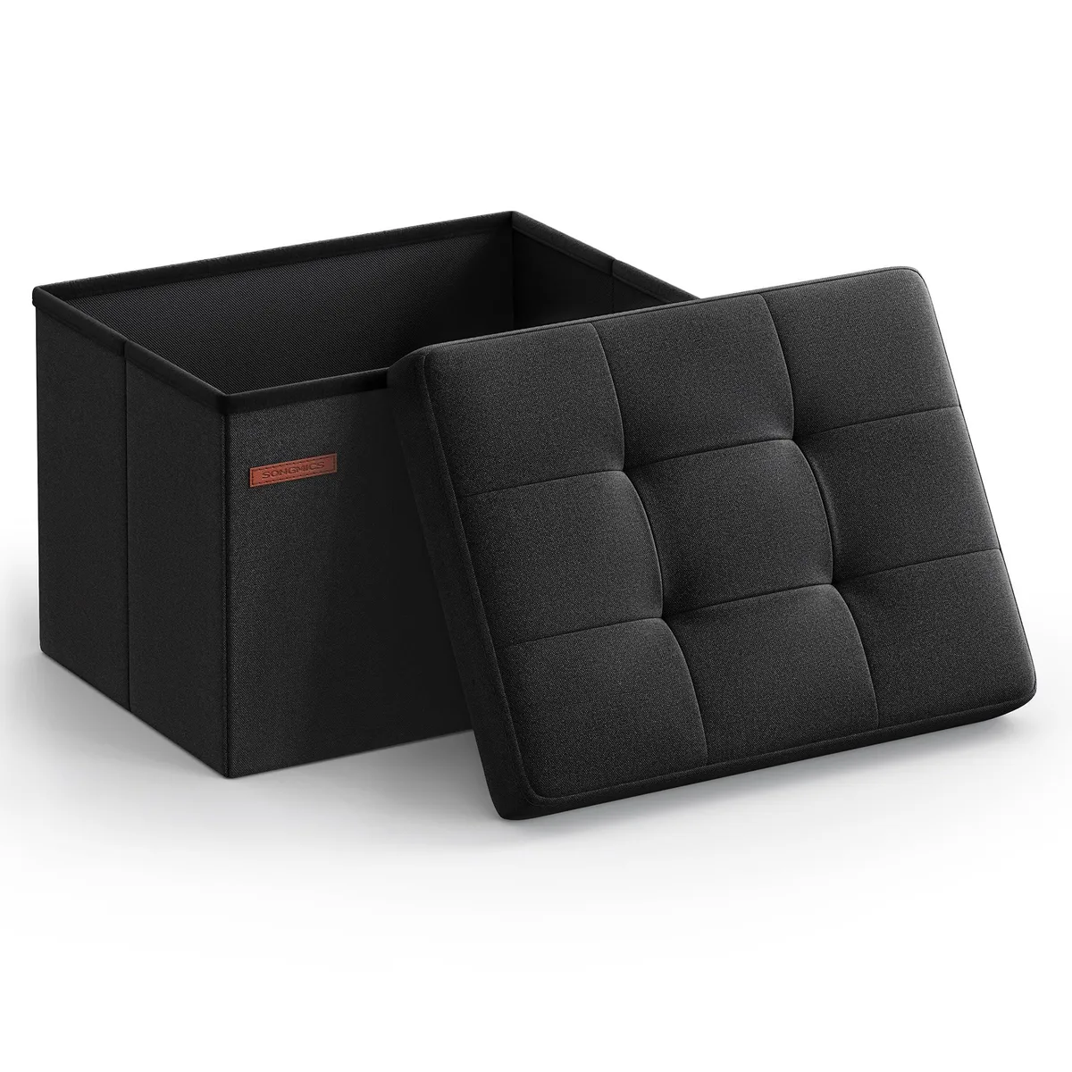 Rectangular folding ottoman in ink black linen-look fabric with tufted top