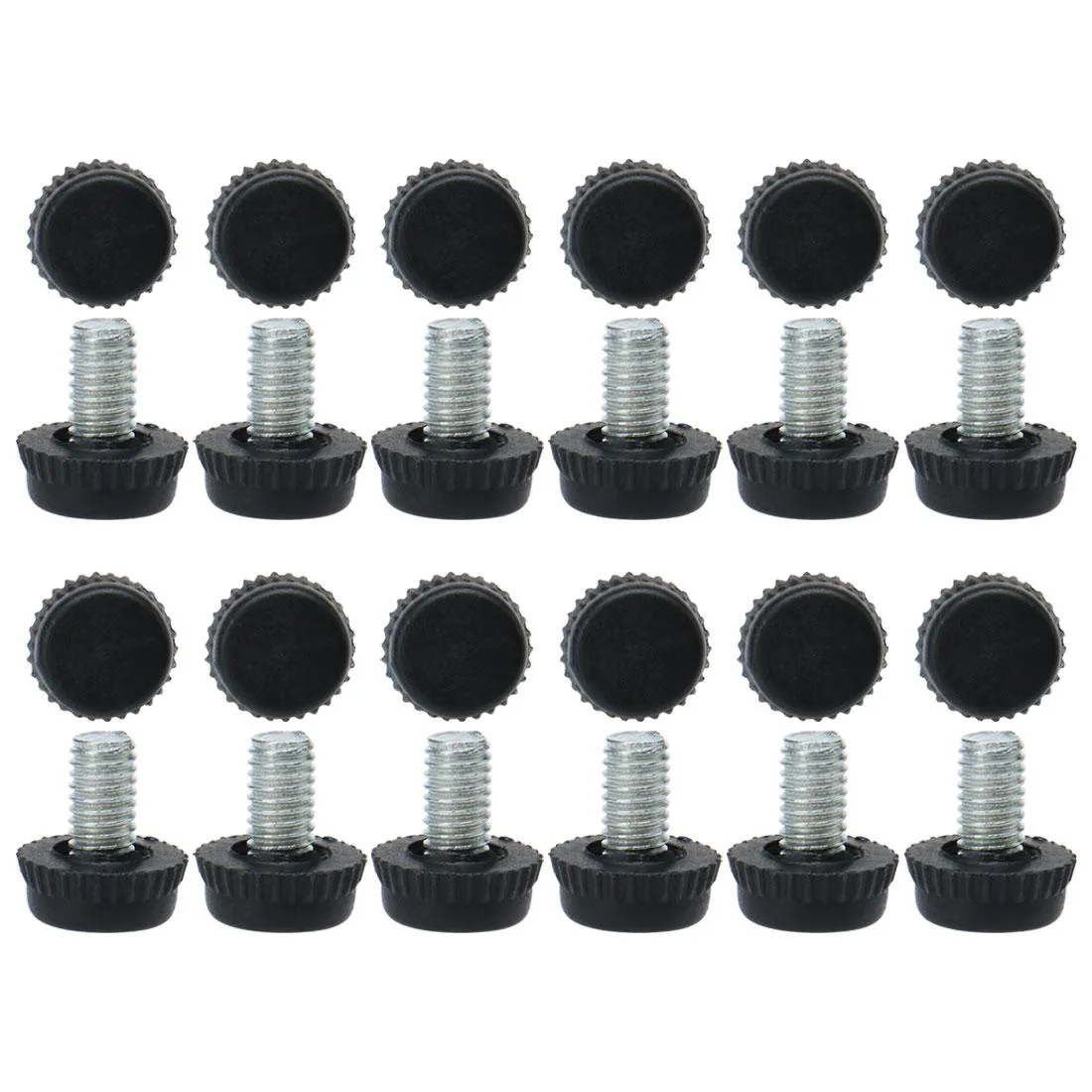 Twenty-four M6 adjustable leveling feet with plastic bases, silver threaded stems and black feet