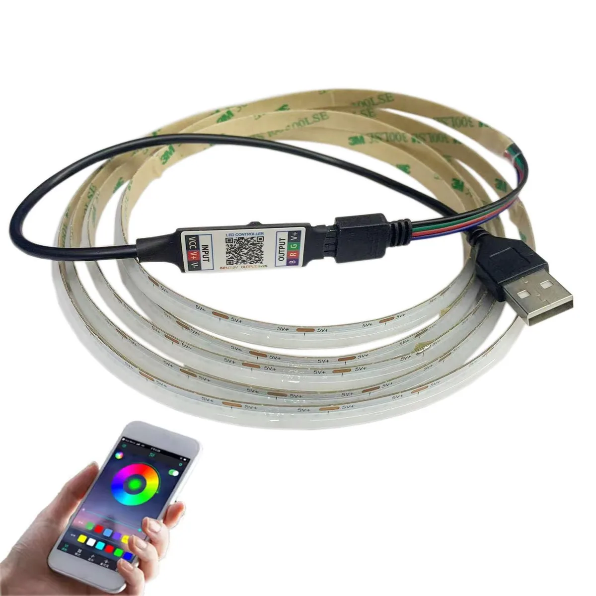 One-metre flexible RGB COB LED strip on white silicone PCB with adhesive backing and USB controller