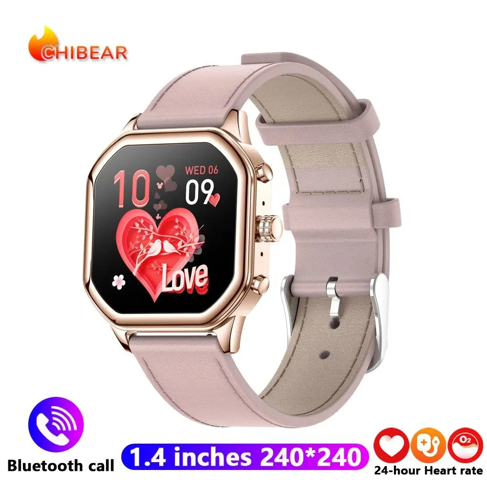 Pink square smartwatch with stainless steel link bracelet AMOLED display 1.4 inch 240 by 240 resolution