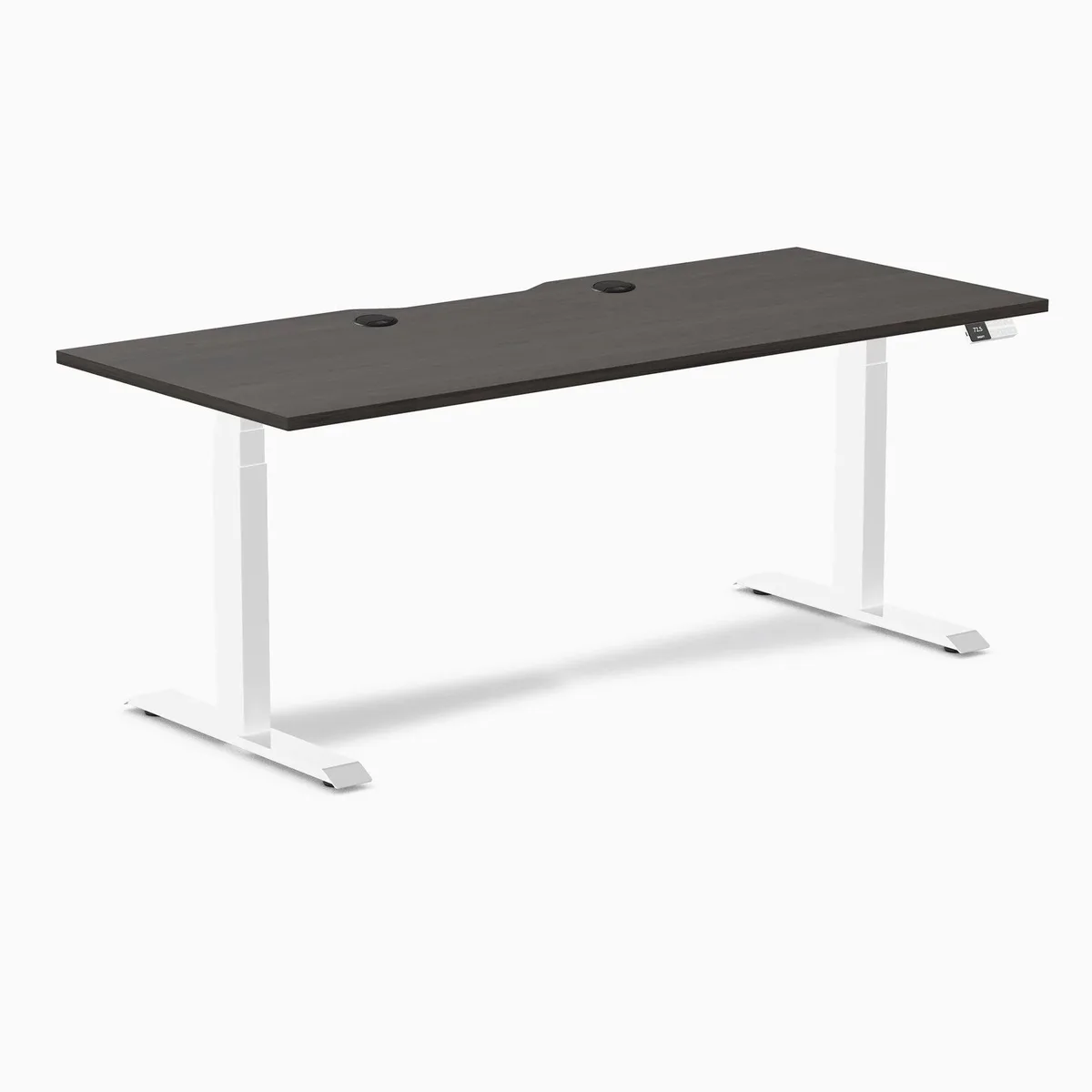 Desky Desky Dual Scalloped Laminate Sit Stand Desk Burnished Wood White 70.9 x 29.5 in with Grommets — product photo