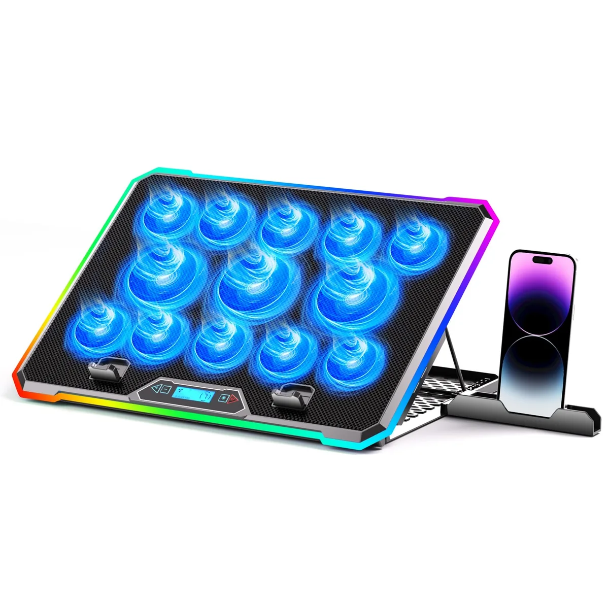 KYOLLY 13-fan laptop cooling pad with LCD RGB 9 heights 15-21 inch — product photo