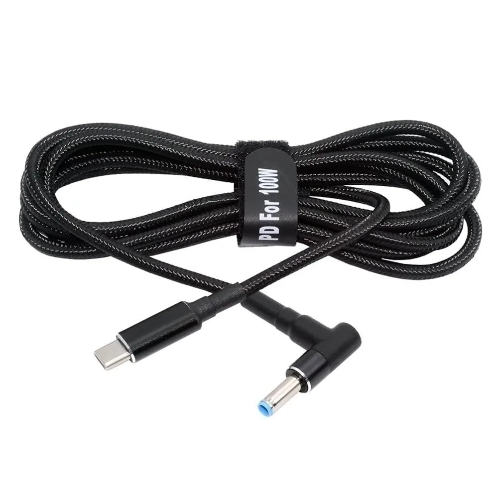 Black USB-C male to DC 4.5mm barrel cable with inline trigger module